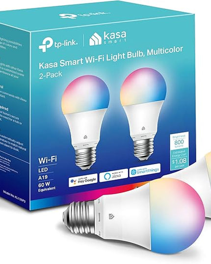 Kasa Smart Light Bulbs, Full Color Changing Dimmable Smart WiFi Bulbs Compatible with Alexa and Google Home, A19, 60 W 800 Lumens,2.4Ghz only, No Hub Required, 2-Pack (KL125P2), Multicolor KasaSmartbyTP-Link