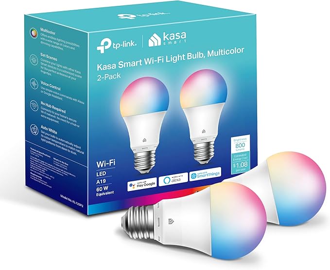 Kasa Smart Light Bulbs, Full Color Changing Dimmable Smart WiFi Bulbs Compatible with Alexa and Google Home, A19, 60 W 800 Lumens,2.4Ghz only, No Hub Required, 2-Pack (KL125P2), Multicolor KasaSmartbyTP-Link