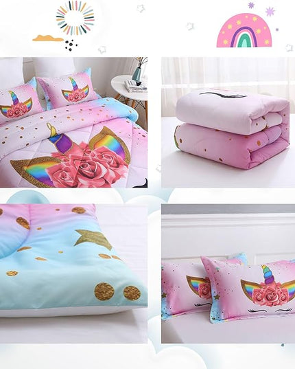 Kids Unicorn Bedding Set Twin Size for Girls, Pink Rainbow Girls Twin Comforter Set with 2 Pillowcases, Floral Kids Unicorn Bed Set Twin, Unicorn Room Decor for Girls Bedroom, All Season - LeafyLoom