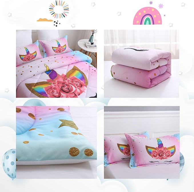 Unicorn Queen Bedding Sets for Girls Kids Comforter Set Queen Size with 2 Pillowcases Pink and Rainbow Unicorn Room Decor for Girls Bedroom Ultra Soft Machine Washable Toddler Bed Set - LeafyLoom