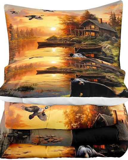LUVIVIHOME 2PCS Black Bear Comforter Set Twin Size, Rustic Cabin Bedding, Forest Animals Mallard Duck Wildlife Hunting Hunter Country Lodge Farmhouse Bedroom Decor, Microfiber Quilt, 1 Pillow Sham - LeafyLoom