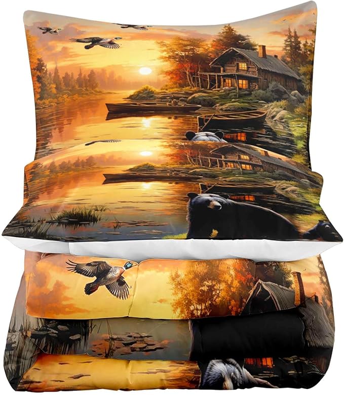LUVIVIHOME 2PCS Black Bear Comforter Set Twin Size, Rustic Cabin Bedding, Forest Animals Mallard Duck Wildlife Hunting Hunter Country Lodge Farmhouse Bedroom Decor, Microfiber Quilt, 1 Pillow Sham - LeafyLoom