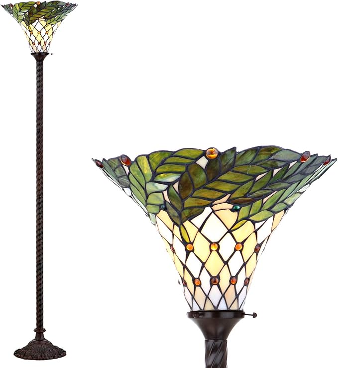 JONATHAN Y JYL8004A Botanical Tiffany-Style 71" Torchiere LED Floor Lamp, Tiffany, Traditional, Art Nouveau Style, Office, Bedroom, Living Room, Family Room, Dining Room, Hallway, Foyer, Bronze - LeafyLoom