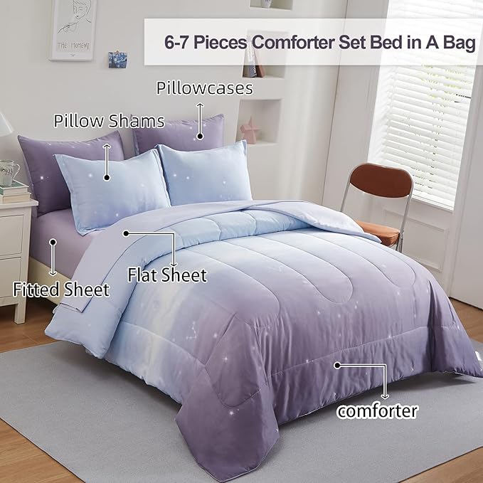 Girls Comforter Set Full Size Colorful Ombre Purple Rainbow Bedding Set Bed in A Bag for Kid Teen Girls 7 Pieces (1 Comforter, 1 Flat Sheet, 1 Fitted Sheet, 2 Pillow shams, 2 Pillowcases) - LeafyLoom