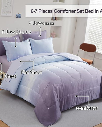 Girls Comforter Set Twin Size 6 Pieces Colorful Ombre Purple Rainbow Bedding Set Bed in A Bag for Kids Teen Girls (1 Comforter, 1 Flat Sheet, 1 Fitted Sheet, 1 Pillow sham, 2 Pillowcases) - LeafyLoom