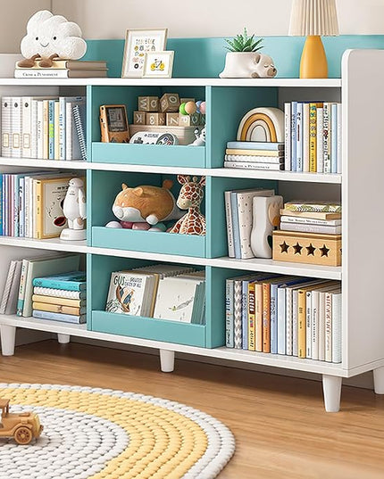 Wooden Cube Bookcase with Legs - 3-Tier Open Shelf Kidsroom Sorted Storage Cabinet Organizer for Books and Toys, 9-Cube Lattice Cute Cubby Bookshelf in White Mixed Westlake Blue, 39" W - LeafyLoom