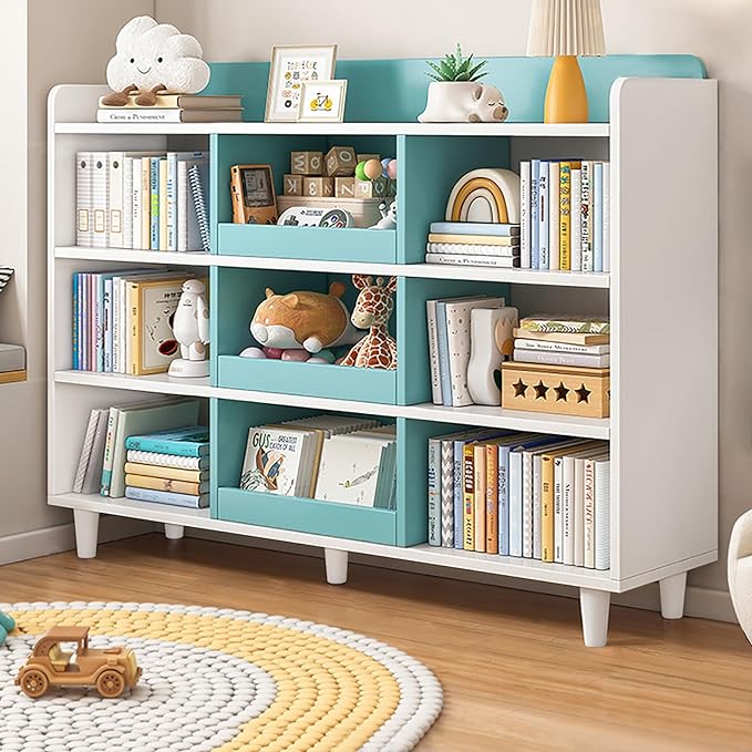Wooden Cube Bookcase with Legs - 3-Tier Open Shelf Kidsroom Sorted Storage Cabinet Organizer for Books and Toys, 9-Cube Lattice Cute Cubby Bookshelf in White Mixed Westlake Blue, 39" W - LeafyLoom
