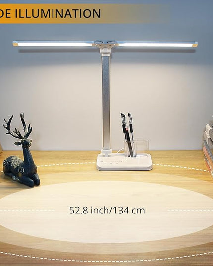 Qooltek LED Desk Lamp for Home Office, Touch Control Table Lamp with 5 Color Modes and Adjustable Brightness,Dual Swing Arm USB Charging Port Foldable Reading Light, Auto Timer, Silver White, 5W - LeafyLoom