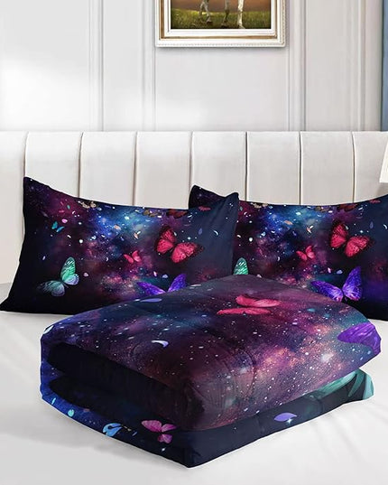 Datura home Butterfly Comforter Set for Girls Women,Colorful Butterflies in Space Galaxy Printed Black Bedding Set with 2 Pillowcases(Butterfly Galaxy Queen) - LeafyLoom