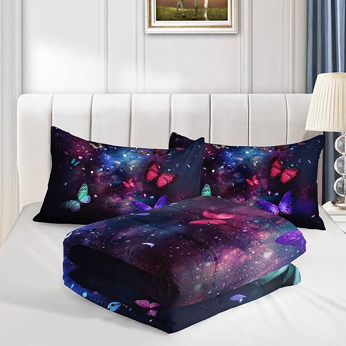 Datura home Butterfly Comforter Set for Girls Women,Colorful Butterflies in Space Galaxy Printed Black Bedding Set with 2 Pillowcases(Butterfly Galaxy Full) - LeafyLoom