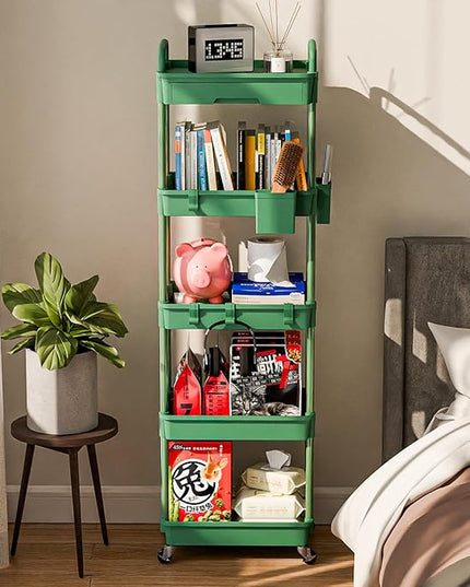 5 Tier Small Rolling Cart Organizer,Bathroom Cart Organizers with Wheels Laundry Room Organization Mobile Shelving Unit Utility Cart Storage Shelves Multi-Functional for Office, Home(Green) - LeafyLoom
