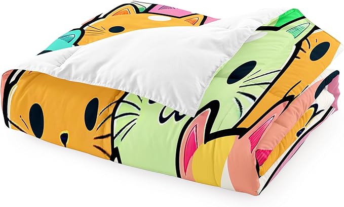 Cat Bedding Twin Size - Cat Comforter Set for Kids Girls Room Cartoon Cat Bedding Set Room Decor Teens Twin Comforter Sets for Girls, 1 Comforter+1 Pillowcase - LeafyLoom