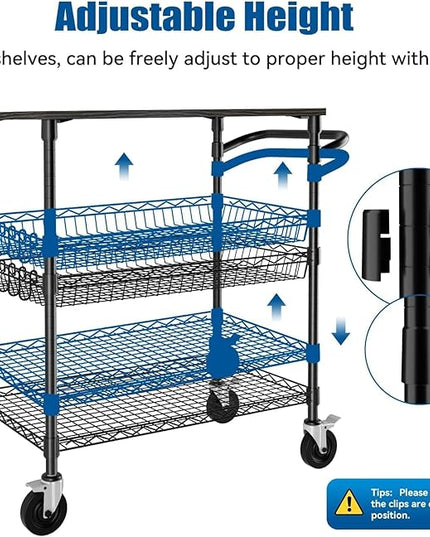 3 Tier Heavy Duty Rolling Utility Cart with Wood Top, NSF Certified Commercial Grade Rolling Carts with Wheels, Handle Bar, Shelf Liner, Trolley Serving Cart for Kitchen, Black - LeafyLoom