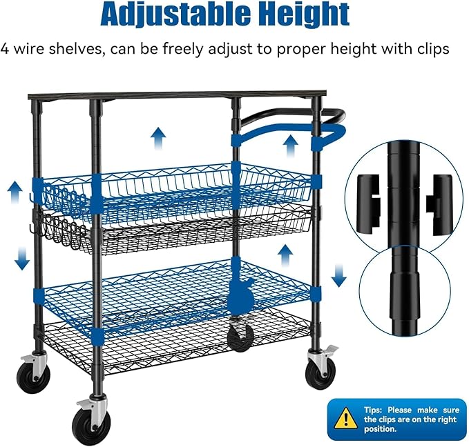 3 Tier Heavy Duty Rolling Utility Cart with Wood Top, NSF Certified Commercial Grade Rolling Carts with Wheels, Handle Bar, Shelf Liner, Trolley Serving Cart for Kitchen, Black - LeafyLoom