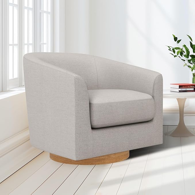 MUUEGM Accent Chair with Arms, 360 Degree Swivel Accent Chair with Wood Base, Modern Barrel Chair for Living Room, Bedroom, Waiting Room, Fully Assembled,Performance Fabric in Light Grey - LeafyLoom