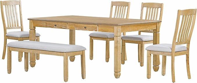 6-Piece Modern Dining Set, Include 72'L Solid Wood Table with 4 Drawers, Upholstered Chairs & Bench, for Kitchen, Living Room, Stable Frame and a Long Lifespan, Natural+Light Gray - LeafyLoom