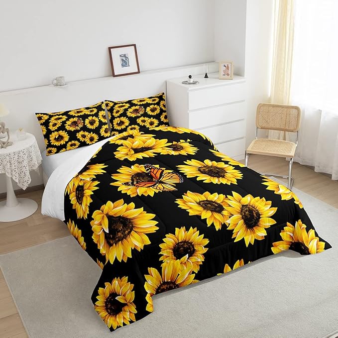 Feelyou Sunflower Bedding Set Girls Yellow Floral Butterfly Comforter Chic Flowers Pattern Comforter Set for Kids Teens Botanical Nature Duvet Set Ultra Soft Room Decor Twin Size - LeafyLoom