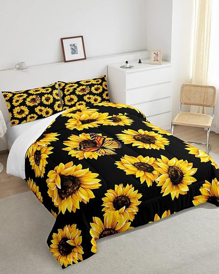 Feelyou Sunflower Bedding Set Girls Yellow Floral Butterfly Comforter Chic Flowers Pattern Comforter Set for Kids Teens Botanical Nature Duvet Set Ultra Soft Room Decor Queen Size… - LeafyLoom