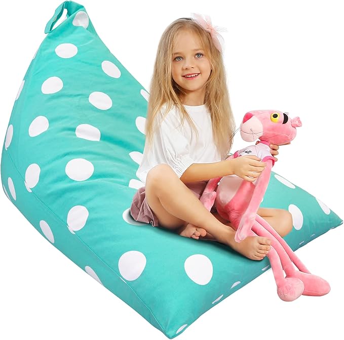 Aubliss Stuffed Animal Storage Bean Bag Chair Cover, 50"x 35" Extra Large Bean Bags for Kids & Adults, Beanbag Toy Storage for Boys Girls - Premium Cotton Canvas Aqua Dot - LeafyLoom