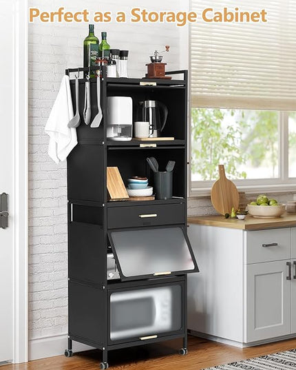 Kitchen Pantry Cabinet, 5 Tiers Freestanding Buffet Cupboards Sideboard with Brakeable Casters, Kitchen Pantry Storage Cabinet for Kitchen, Living Room and Dinning Room - LeafyLoom