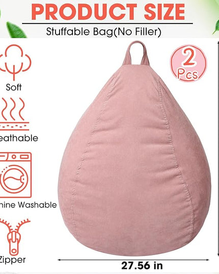 2 Pcs 100L Stuffed Animal Storage Bean Bag Chair Cover (No Filler) for Kids Soft Corduroy Stuffable Bean Bag Zipper for Organizing Children Plush Toys(Pink) - LeafyLoom