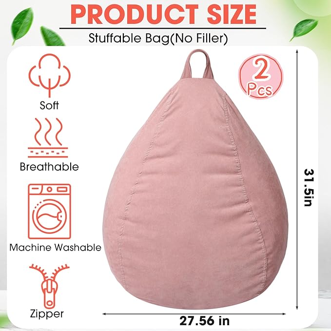 2 Pcs 100L Stuffed Animal Storage Bean Bag Chair Cover (No Filler) for Kids Soft Corduroy Stuffable Bean Bag Zipper for Organizing Children Plush Toys(Pink) - LeafyLoom