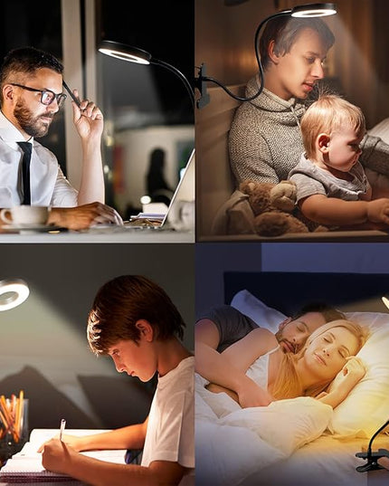 Desk Lamp with Clamp, Clip on Light, 48 LED USB Lamp with 3 Color Modes 10 Brightness Levels, 360° Flexible Gooseneck Eye Protection, Ring Light Bed Night Light for Reading With Adapter - LeafyLoom