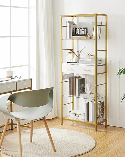 HOOBRO 5 Tier Bookcase, White and Gold Bookshelf with Drawer, Storage Shelves with Charging Station, Tempered Glass Bookshelf with Metal Frame, Open Display Shelves for Living Room, Gold DW65USJ01 - LeafyLoom