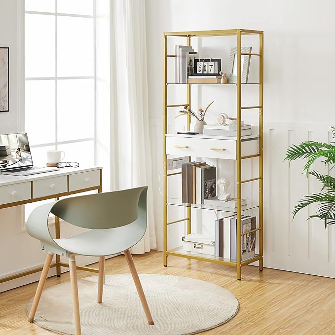 HOOBRO 5 Tier Bookcase, White and Gold Bookshelf with Drawer, Storage Shelves with Charging Station, Tempered Glass Bookshelf with Metal Frame, Open Display Shelves for Living Room, Gold DW65USJ01 - LeafyLoom