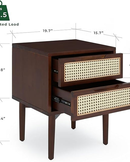 Bme Nightstand Oliver Solid Wood Rattan Side End Table, Fully Assembled, for Bohemian & Mid Century Style Bedroom and Living Room, Walnut - LeafyLoom