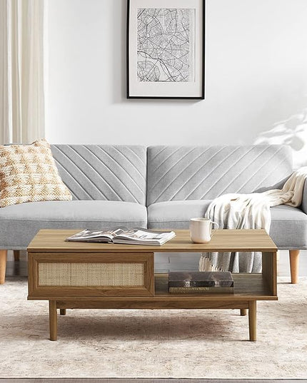 mopio Haylee Coffee Table, Modern Boho Farmhouse Small Coffee Table with Storage, Natural Rattan Living Room Tables, Center Table (Rattan (Oak) - LeafyLoom