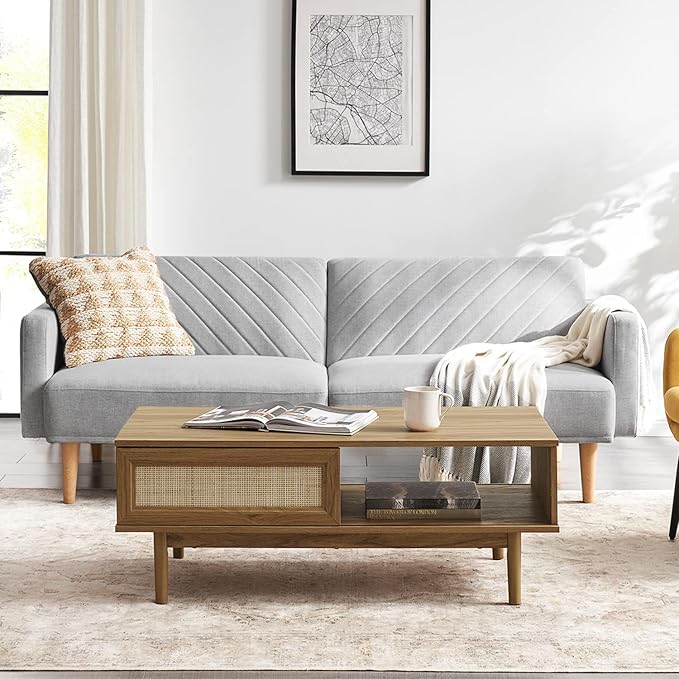mopio Haylee Coffee Table, Modern Boho Farmhouse Small Coffee Table with Storage, Natural Rattan Living Room Tables, Center Table (Rattan (Oak) - LeafyLoom