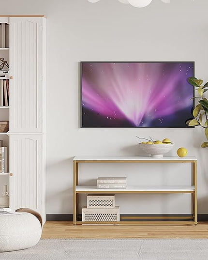 Function Home TV Stand for TVs up to 50 Inch, 3 Tier Entertainment Center, Modern TV Cabinet with Marble Top and Gold Metal Base, 42" Media Console Table with Storage for Living Room Bedroom - LeafyLoom