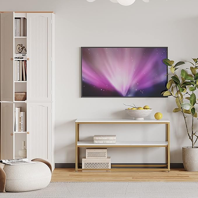 Function Home TV Stand for TVs up to 50 Inch, 3 Tier Entertainment Center, Modern TV Cabinet with Marble Top and Gold Metal Base, 42" Media Console Table with Storage for Living Room Bedroom - LeafyLoom