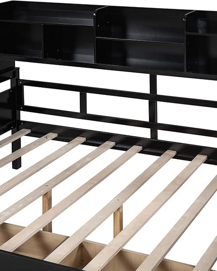 Full Size Daybed with Bedside Shelf and Two Drawers,Multifunctional Storage Solid Wood Bed,W/Wooden Slat Support,No Box Spring Needed,for Bedroom,Living Room,Apartment,Espresso - LeafyLoom