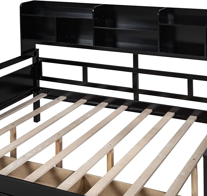 Full Size Daybed with Bedside Shelf and Two Drawers,Multifunctional Storage Solid Wood Bed,W/Wooden Slat Support,No Box Spring Needed,for Bedroom,Living Room,Apartment,Espresso - LeafyLoom