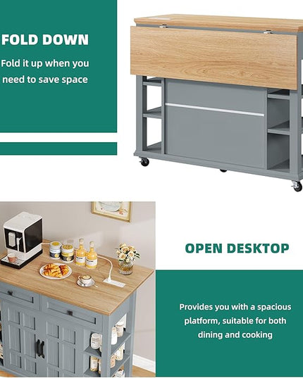 YITAHOME Kitchen Island with Drop Leaf & Power Outlet, Rolling Kitchen Cart on Wheels, Americana Kitchen Island Cabinet with Open Shelves for Kitchen Dining Room, Thicker Rubberwood Top, Grey Blue - LeafyLoom