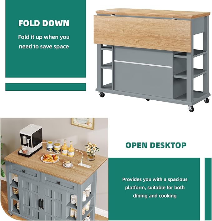 YITAHOME Kitchen Island with Drop Leaf & Power Outlet, Rolling Kitchen Cart on Wheels, Americana Kitchen Island Cabinet with Open Shelves for Kitchen Dining Room, Thicker Rubberwood Top, Grey Blue - LeafyLoom