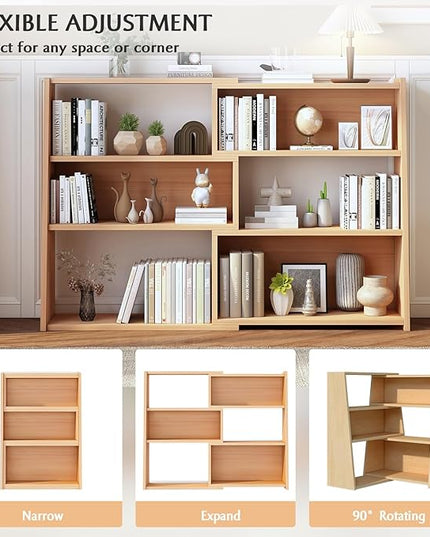 IOTXY Wooden Extendable Shelf Bookcase - 3-Tier Ladder Low Short Bookshelf for Small Space or Corner, Oak, L - LeafyLoom