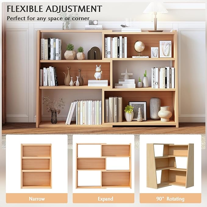 IOTXY Wooden Extendable Shelf Bookcase - 3-Tier Ladder Low Short Bookshelf for Small Space or Corner, Oak, S - LeafyLoom