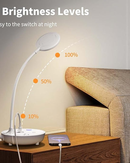 Desk Lamp Small Table Lamp for Bedside Lamp Bedroom Desk Light with Dual USB Charging Port and AC Outlet Office Reading Light Adjustable Gooseneck Working White LED Reading Lamp for Home Office - LeafyLoom