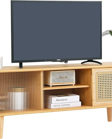 Tiita Rattan TV Stand for 55 Inch TV, Bamboo TV Cabinet with Adjustable Shelf and Storage, Boho Entertainment Center, Mid Century Modern Media Console for Bedroom, Living Room, Study (Natural) - LeafyLoom