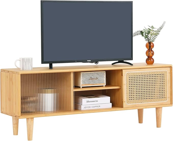 Tiita Rattan TV Stand for 55 Inch TV, Bamboo TV Cabinet with Adjustable Shelf and Storage, Boho Entertainment Center, Mid Century Modern Media Console for Bedroom, Living Room, Study (Natural) - LeafyLoom