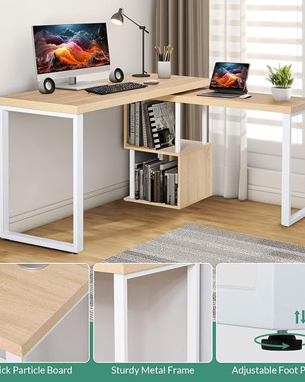 Airdown 55 Inch Reversible L Shaped Home Office Computer Desk with 2-Tier Storage Shelf for Bedroom, Dorm, Study Room, Light Oak - LeafyLoom