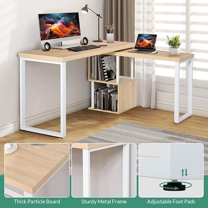 Airdown 55 Inch Reversible L Shaped Home Office Computer Desk with 2-Tier Storage Shelf for Bedroom, Dorm, Study Room, Light Oak - LeafyLoom