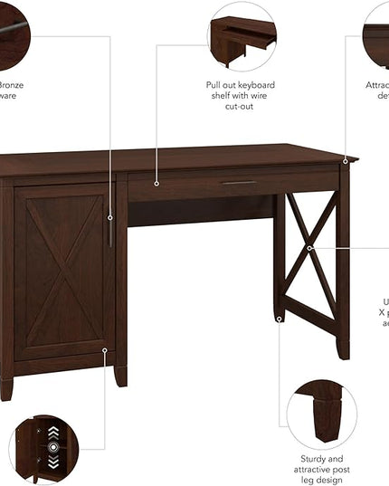 Bush Furniture Key West Computer Desk with Storage | Farmhouse PC Table for Home Office in Bing Cherry | 54W x 24D - LeafyLoom
