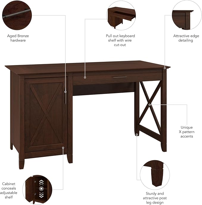Bush Furniture Key West Computer Desk with Storage | Farmhouse PC Table for Home Office in Bing Cherry | 54W x 24D - LeafyLoom