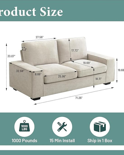 EASELAND 71" Loveseat, Small Chenille Loveseat for Small Spaces, 2-Seater Modern Deep Seat Couch with Removable Back and Cushions, Lounge Sofa for Bedroom with Wood Legs and Fluffy Armrest (Beige) - LeafyLoom