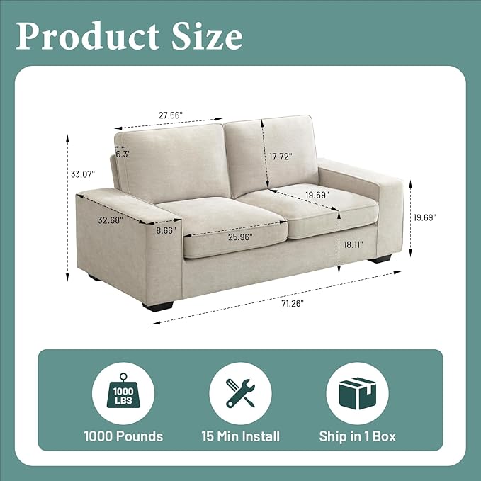 EASELAND 71" Loveseat, Small Chenille Loveseat for Small Spaces, 2-Seater Modern Deep Seat Couch with Removable Back and Cushions, Lounge Sofa for Bedroom with Wood Legs and Fluffy Armrest (Beige) - LeafyLoom