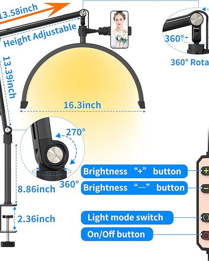 TwoWin Half Moon Light for Lashes, Height Adjustable Lash Light for Eyelash Tech Half Moon, Eyelash Lamp Led for Eyelash Extension, Tattoo Artists, Nail Tech, Filming Content Creation - LeafyLoom
